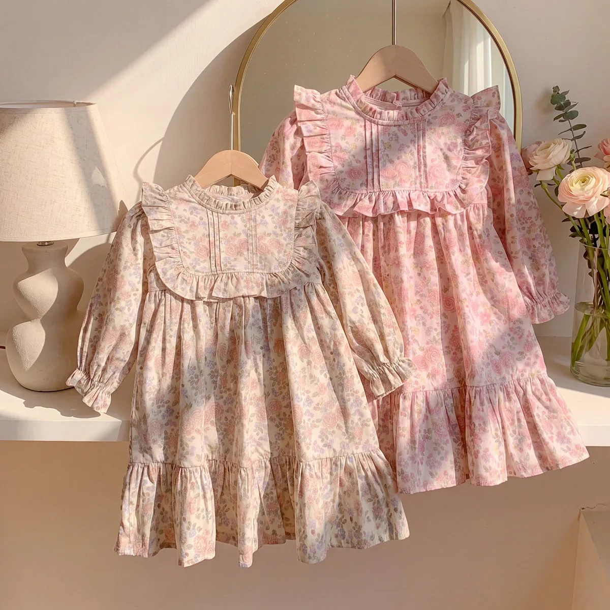 Girls Korean‑Style Stand‑Collar Floral Dress Long‑Sleeve Cotton Dress with Ruffle Trim 2026 Autumn Sweet Kids Dress