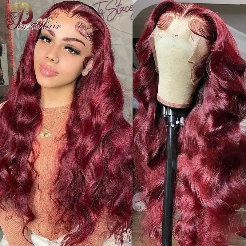 

99J Color 13x6 Transparent Lace Front Human Hair Wigs Burgundy Body Wave Lace Frontal Wig Red Color Remy Human Hair Pre Plucked