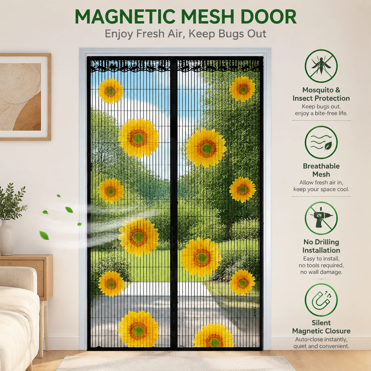 Sunflower Pattern Magnetic Screen Door for Summer, Household Curtain, Drill‑Free Installation, Silent Partition