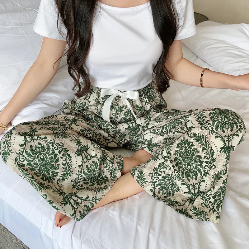 2025 Summer Sleeping Pants Women Thin Bottoms Spring Large Size Home Wear  Pants Pajamas Flower Print Loose Cute Beach Trousers - AliExpress 200574005