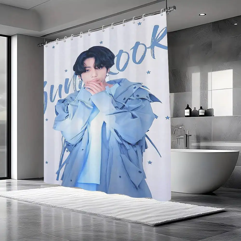 KPOP J-Jung K-Kook ستارة الحمام الكلاسيكية أنيمي النسيج دش الستار مع 12 السنانير ديكور الحمام مقاوم للماء