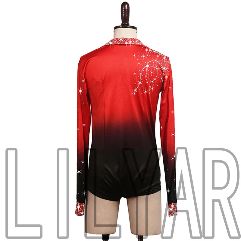 New Latin Dance Men's Performance Competition Performs Adult Red and Black Gradient Long sleeved Sparkling Diamond jumpsuit