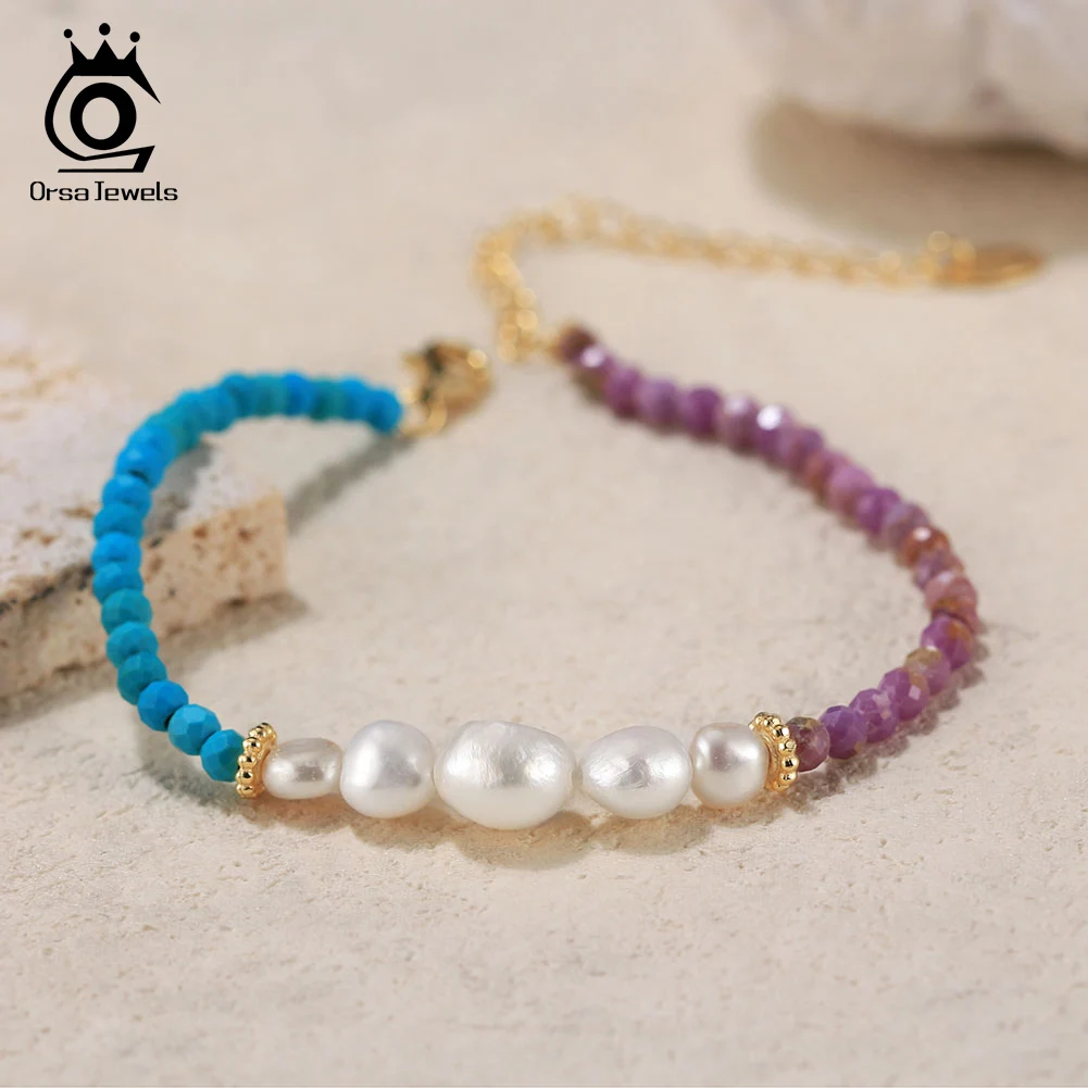 ORSA JEWELS 925 Sterling Silver Natural Pearl Bracelet Fashion Purple Mica&Turquoise Bracelet Anniversary Gifts for Women MPB04