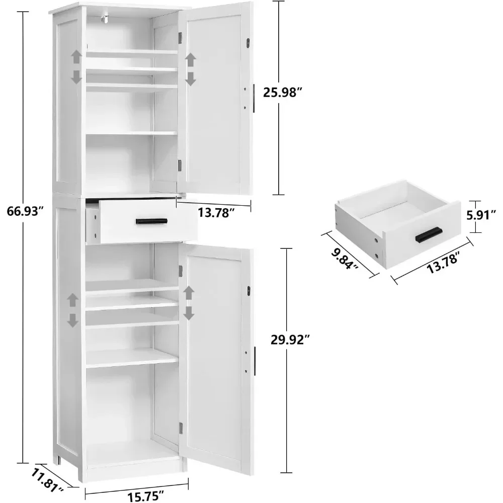 67“ Tall Bathroom Cabinet, Storage Cabinet with 4 Shelves & 2 Doors, Narrow Storage Cabinet for Bathroom, Living Room