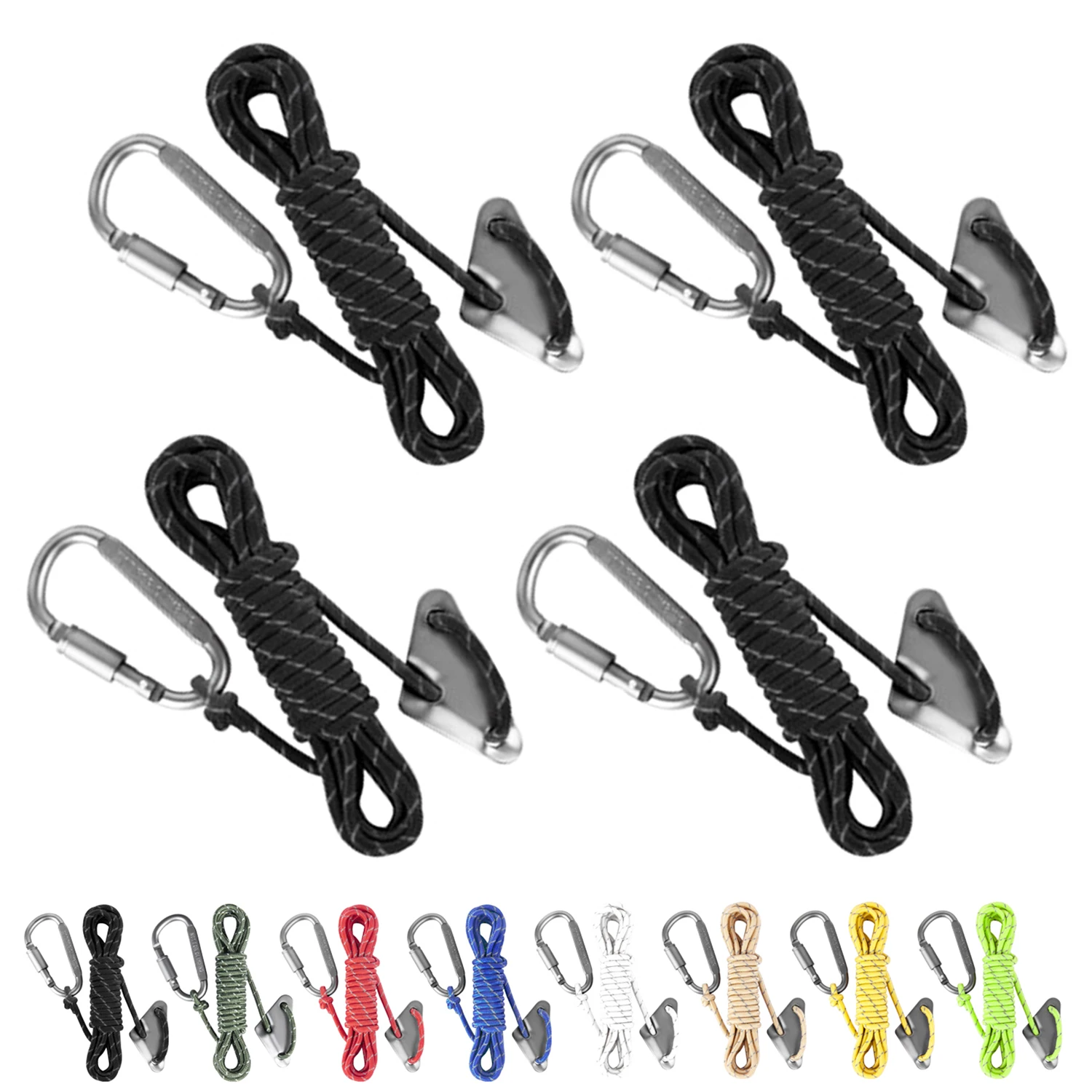 

Camping Rope with Locking Carabiner Clip 4mm Reflective Guy Lines with Triangular Guyline Adjuster Tensioner Tent Tarp Tie Down