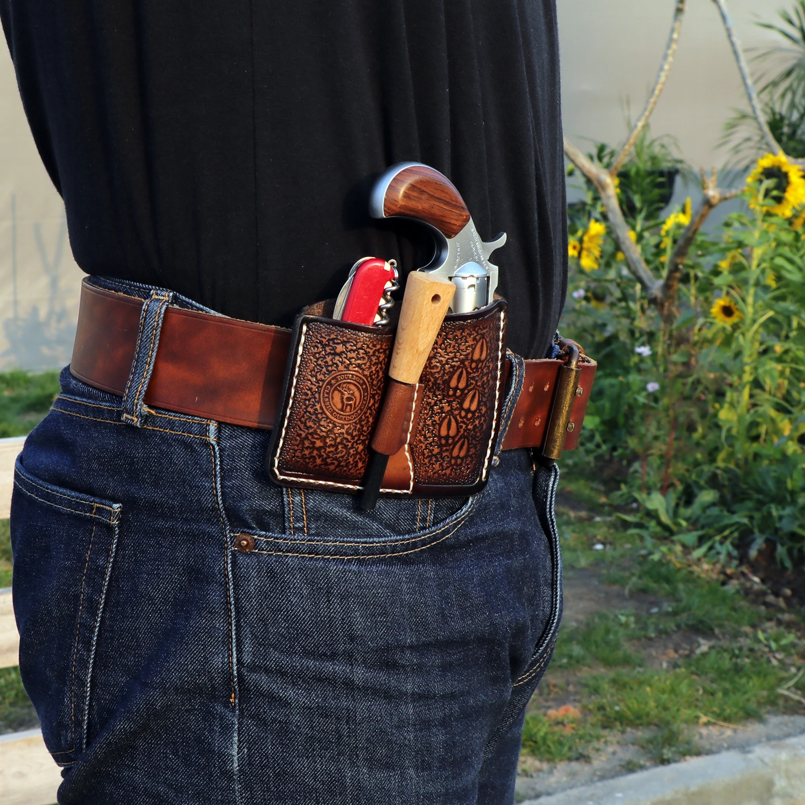 

Tourbon Leather Pistol Storage Waist Pouch Handgun Holster Folding Knife Holder with Belt Loop Brown Hunting Accessories