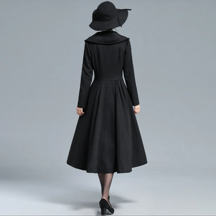 Vintage Black Long Wool Princess Coat, Slim Fit Flared Women's Jacket, 1950s Winter Swing Coat with Pleats