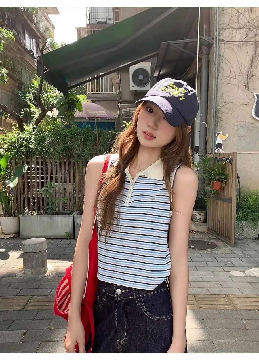 

Women Clothes Summer Sleeveless Contrast Color Striped Polo Vest Thin Knitted College Style Tee Slim Clothing for Daily Wearing