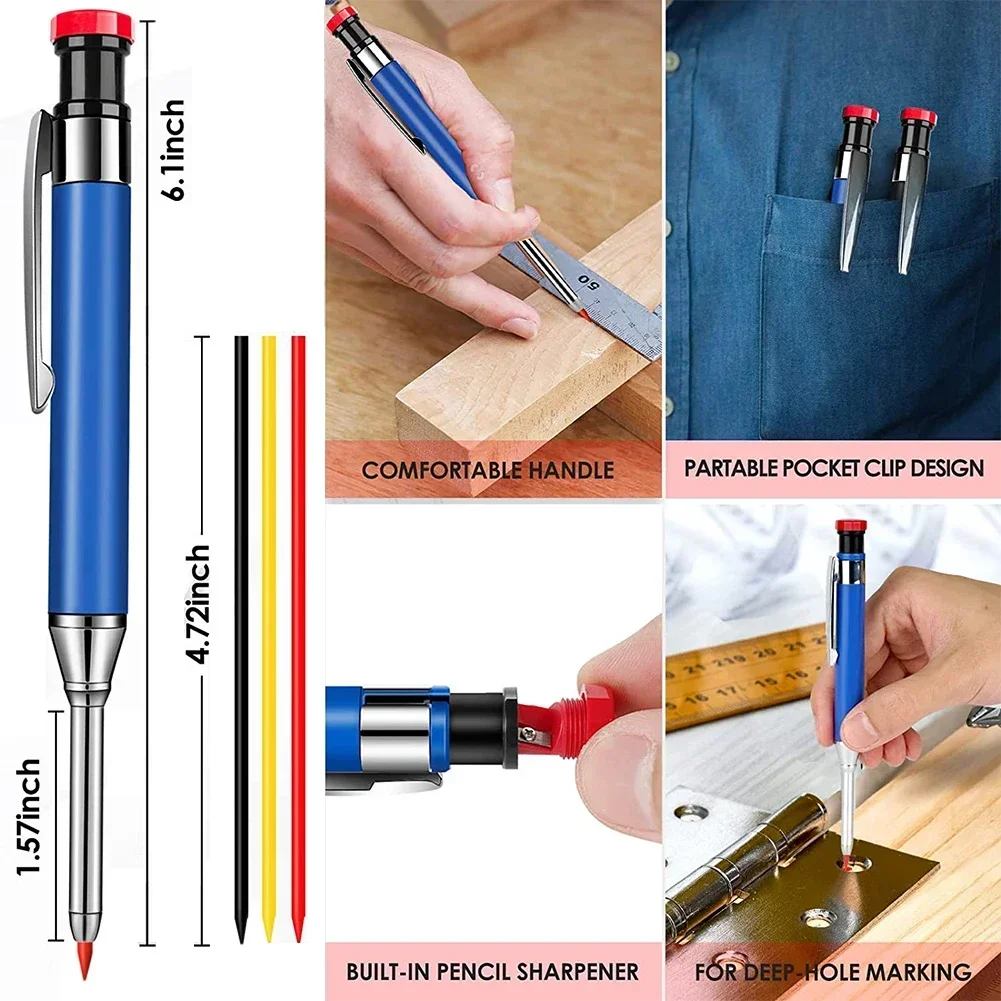 Solid Carpenter Pencil With Refill Built-in Sharpener Mechanical Woodworking Construction Pencil Line Drawing Marker Supplies