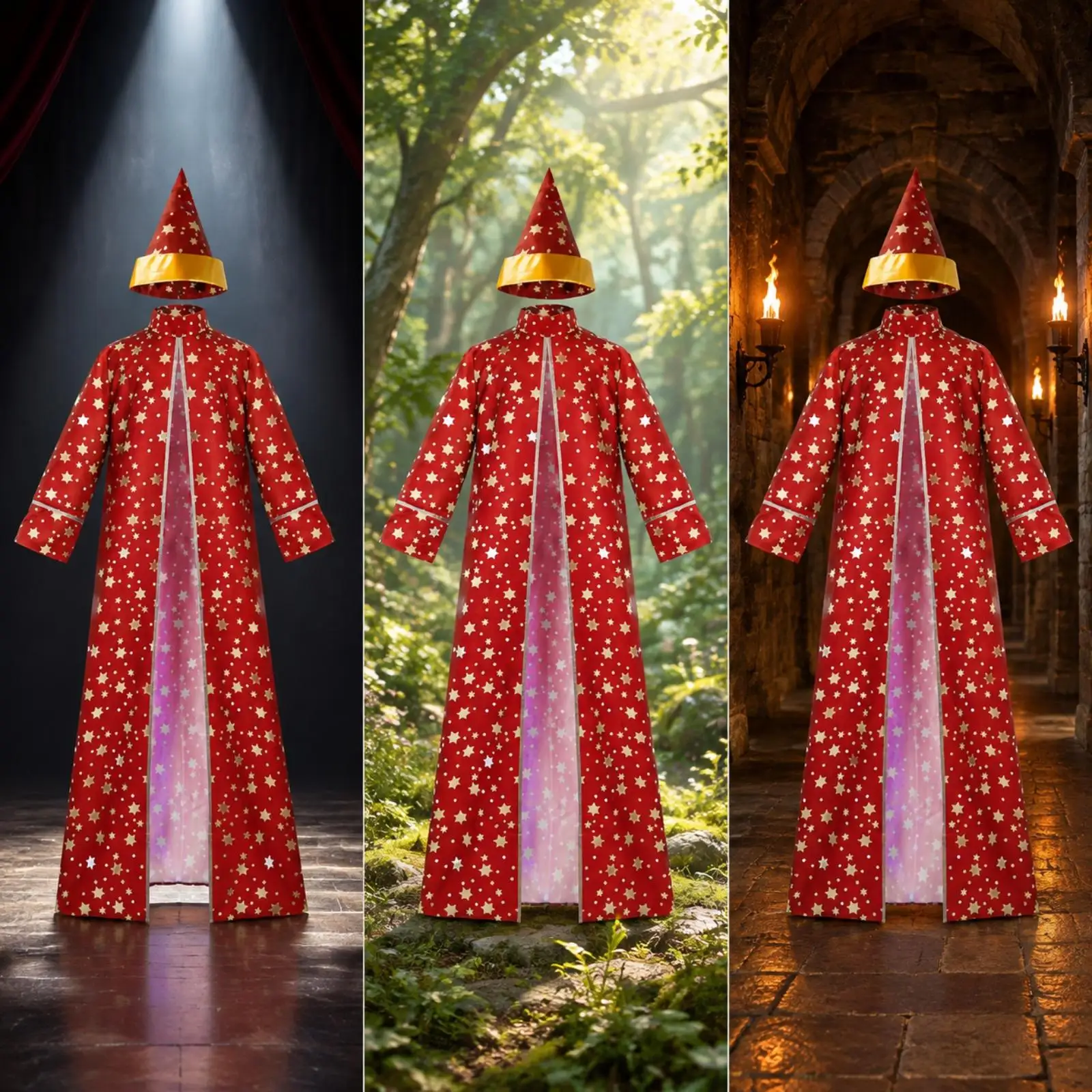 Fantasia de Feiticeiro Medieval em Poliéster com Capa e Chapéu para Apresentações Teatrais