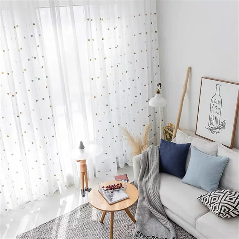 Cute Colorful Polka Dot Embroidered Tulle Curtain For Living Room Bedroom Childrens Room White Geometric Sheer Panel For Kitchen