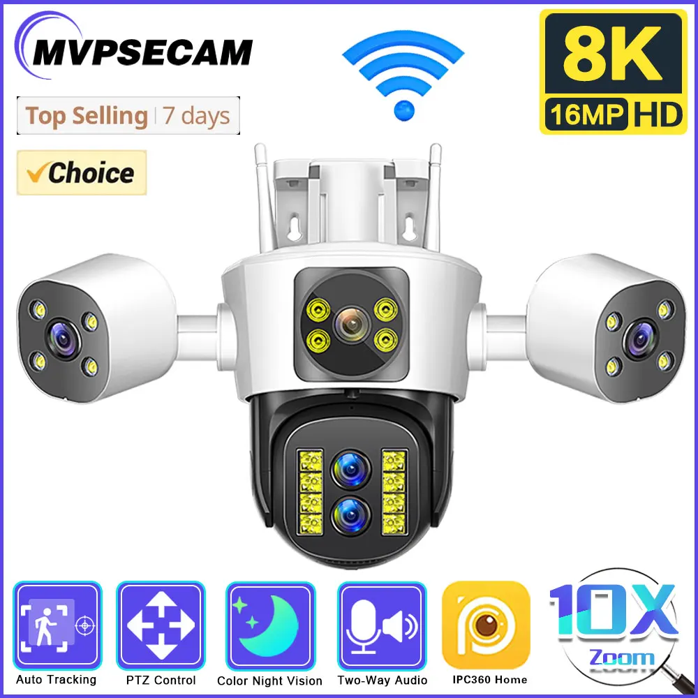 

8K 16MP WiFi Camera Outdoor 10X Zoom Three Lens Three Screens PTZ Security Cam Auto Tracking CCTV Video Surveillance IP Cameras