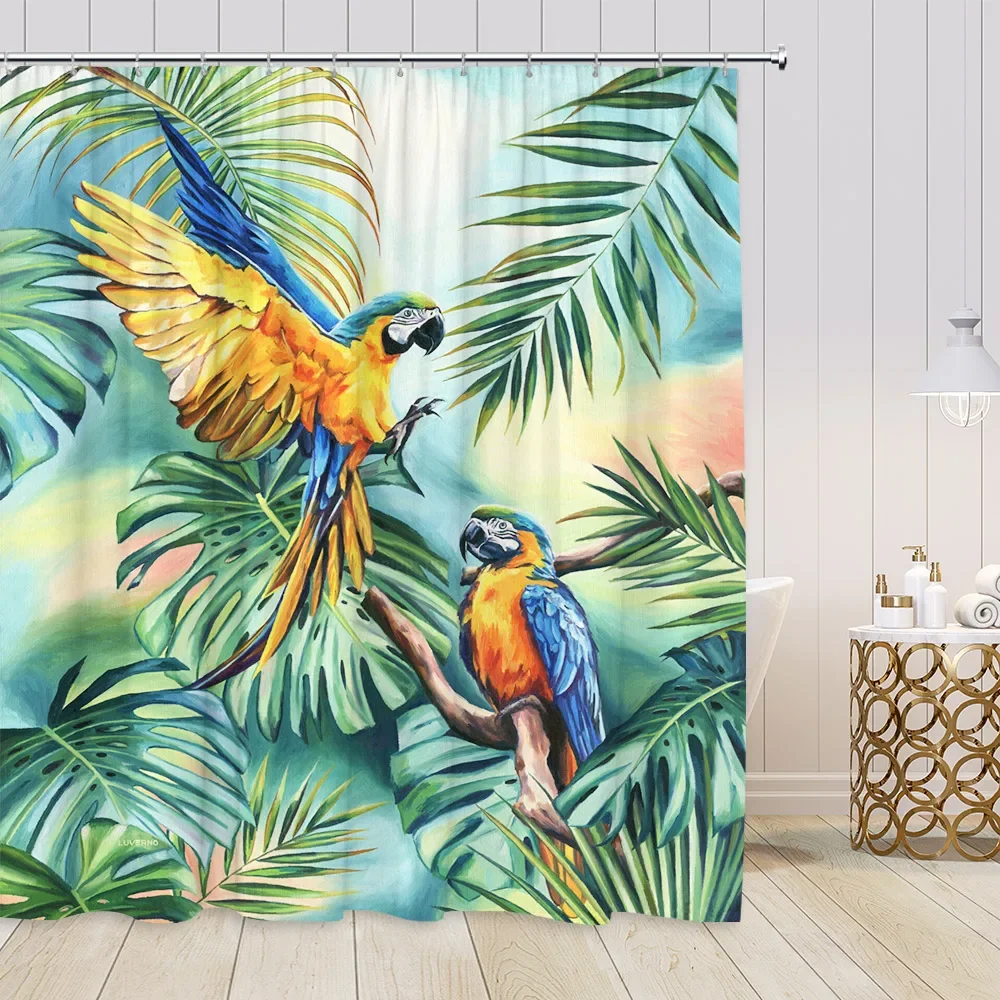 Parrot Shower Curtain Tropics Jungle Rainforest Watercolor Bird Palm Leaf Flower Floral Bathroom Decor Polyester Bath Curtain