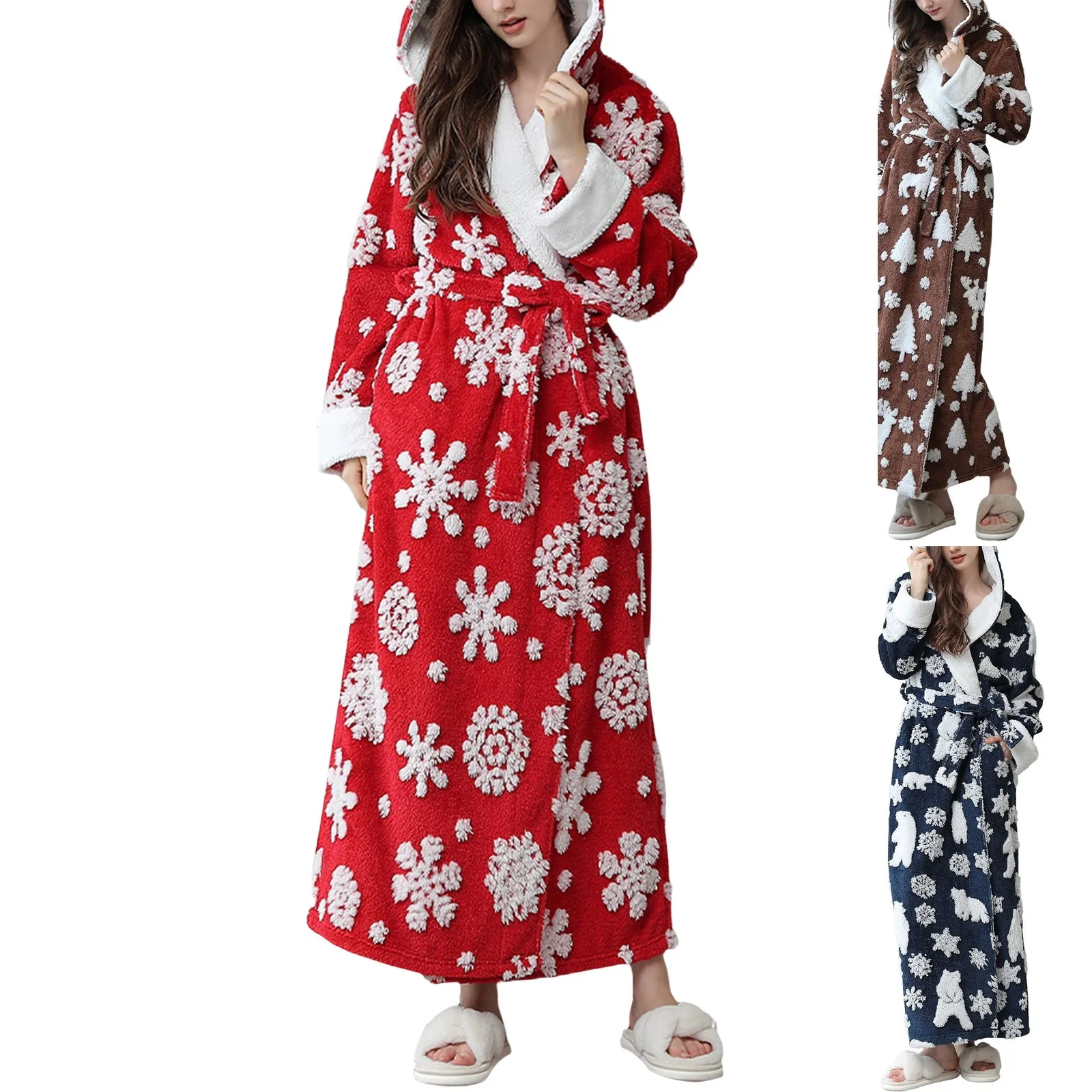 Winter Fashion Women Bathrobe Print Thicken Plush Long Sleeve Bathrobe Sleepwear Warm Nightgown Christmas Gift For Women