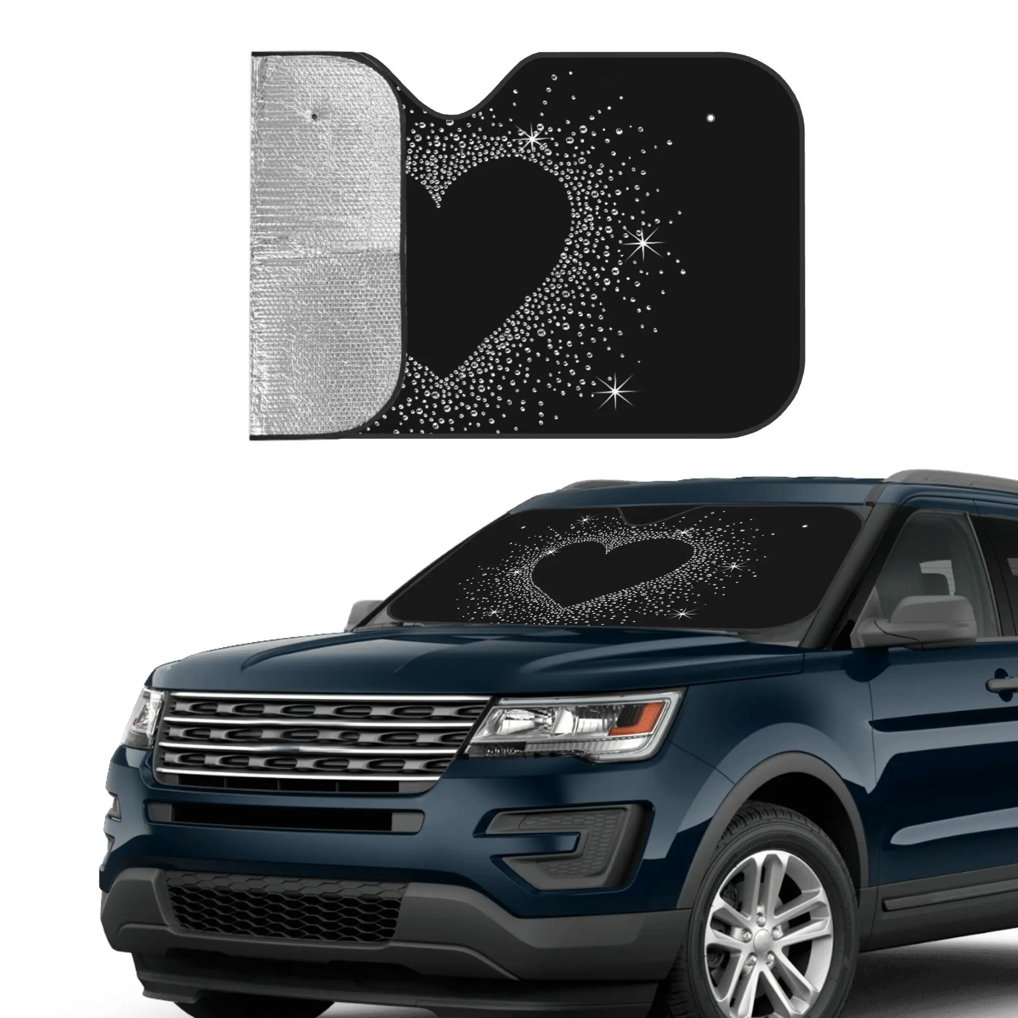 1pc A Sparkling Heart Shaped With Glittering Stars On Black Background UV Protection Sun Visor For Vehicle Front Glass, Internal