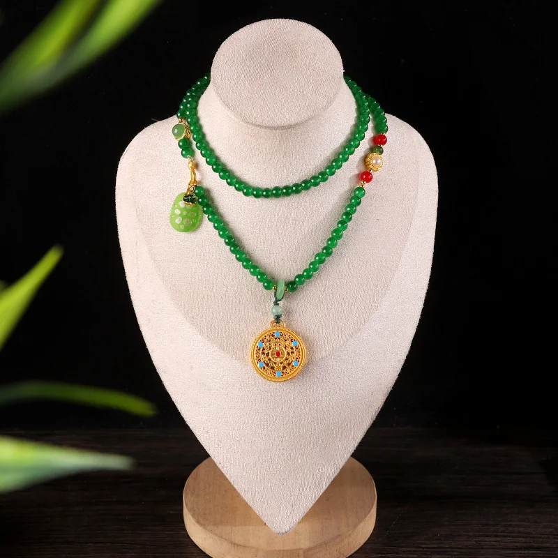 New Chinese-Style Double-Layer Green Bead Tassel Necklace Antique Gold Hollow Round Pendant For Hanfu Travel Photography—ready