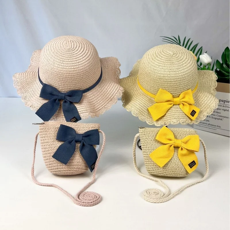 

Children Straw Hat and Shoulder Bag Girls Summer Outdoor Beach Cap Cute Bow Travel Beach Sun Hat Crossbody Bag