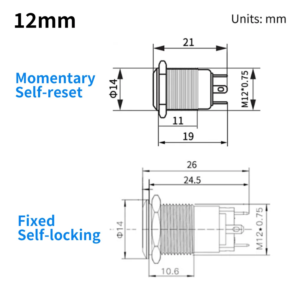 12mm Metal Button Switch LED Light Waterproof Self-Locking Self Resetting 12V 5V 220V High Flat Head Red Yellow Blue White Green