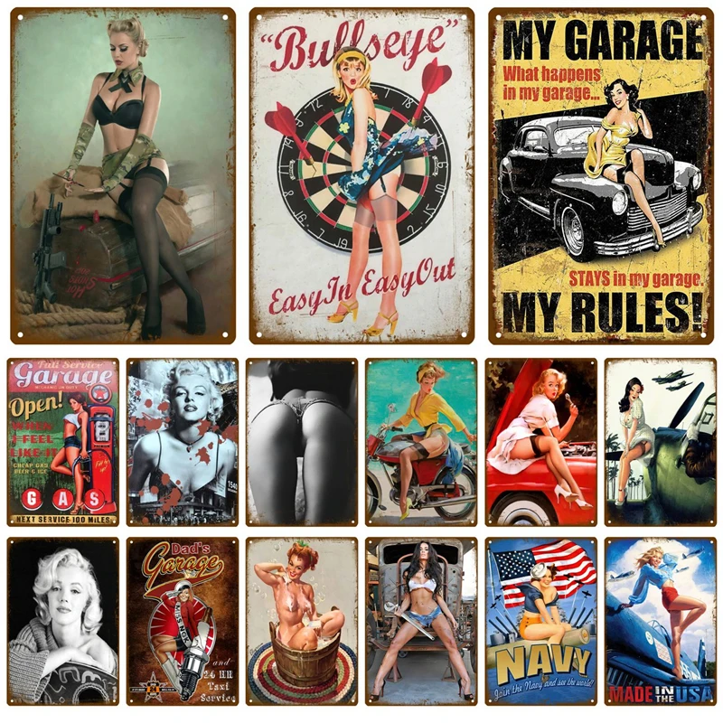 

Funny Sexy Lady Poster Car Airplane With Pin Up Girls Metal Sign Vintage Art Painting Craft Pub Bar Home Wall Decor Tin Sign