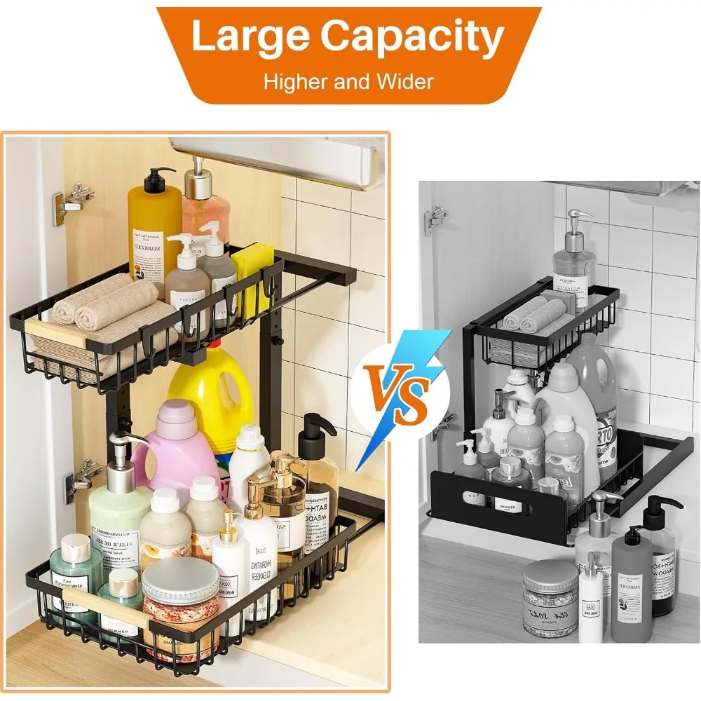 منظم الحوض من REALINN تحت الحوض، عبوتان من منظمات وتخزين تحت الحوض قابلة للتعديل، وطبقتين للتخزين بأدراج قابلة للسحب