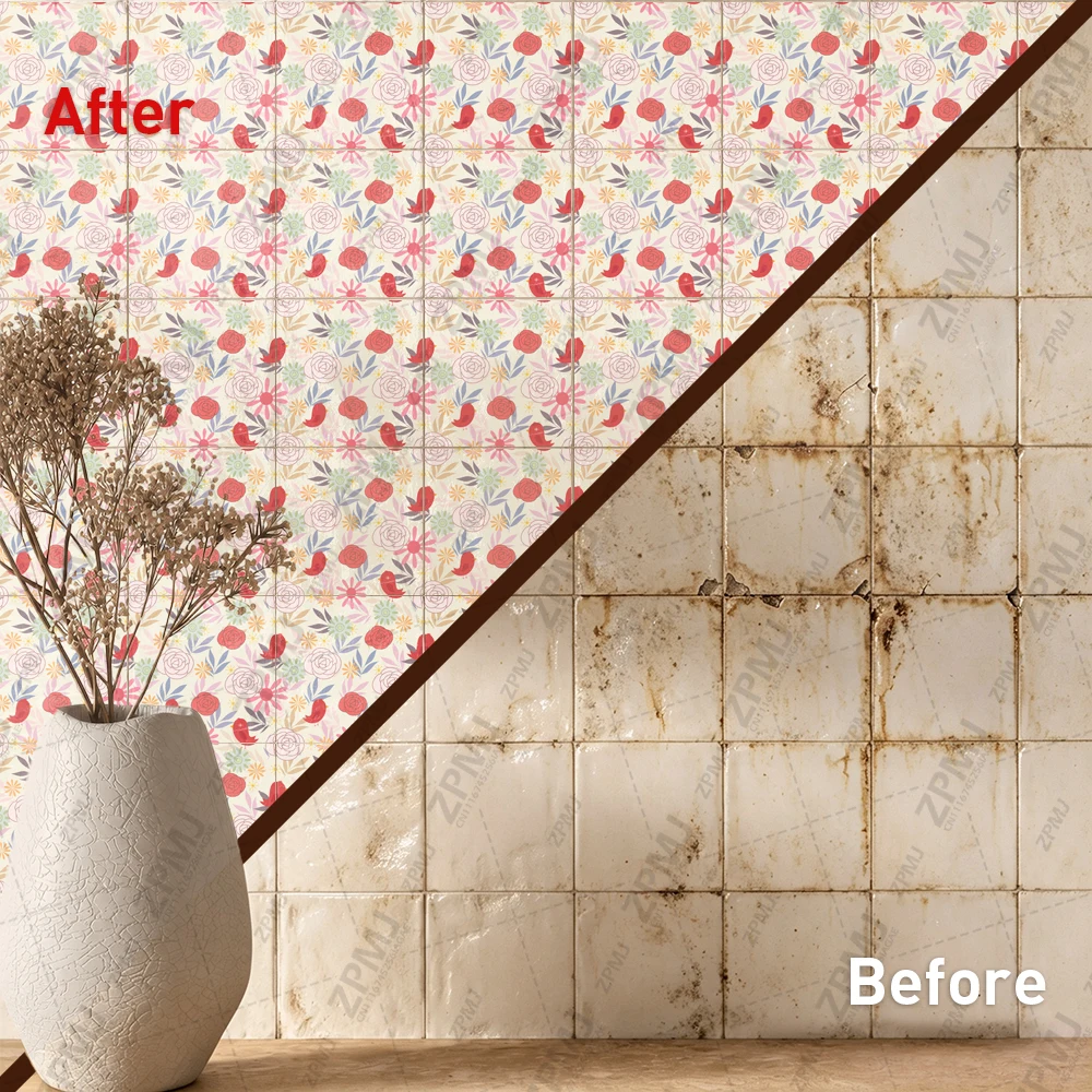 Cute Red Bird Floral Wall Sticker, Colorful Flower Leaf Pattern Self Adhesive Wallpaper for Bedroom Living Room Home Decor