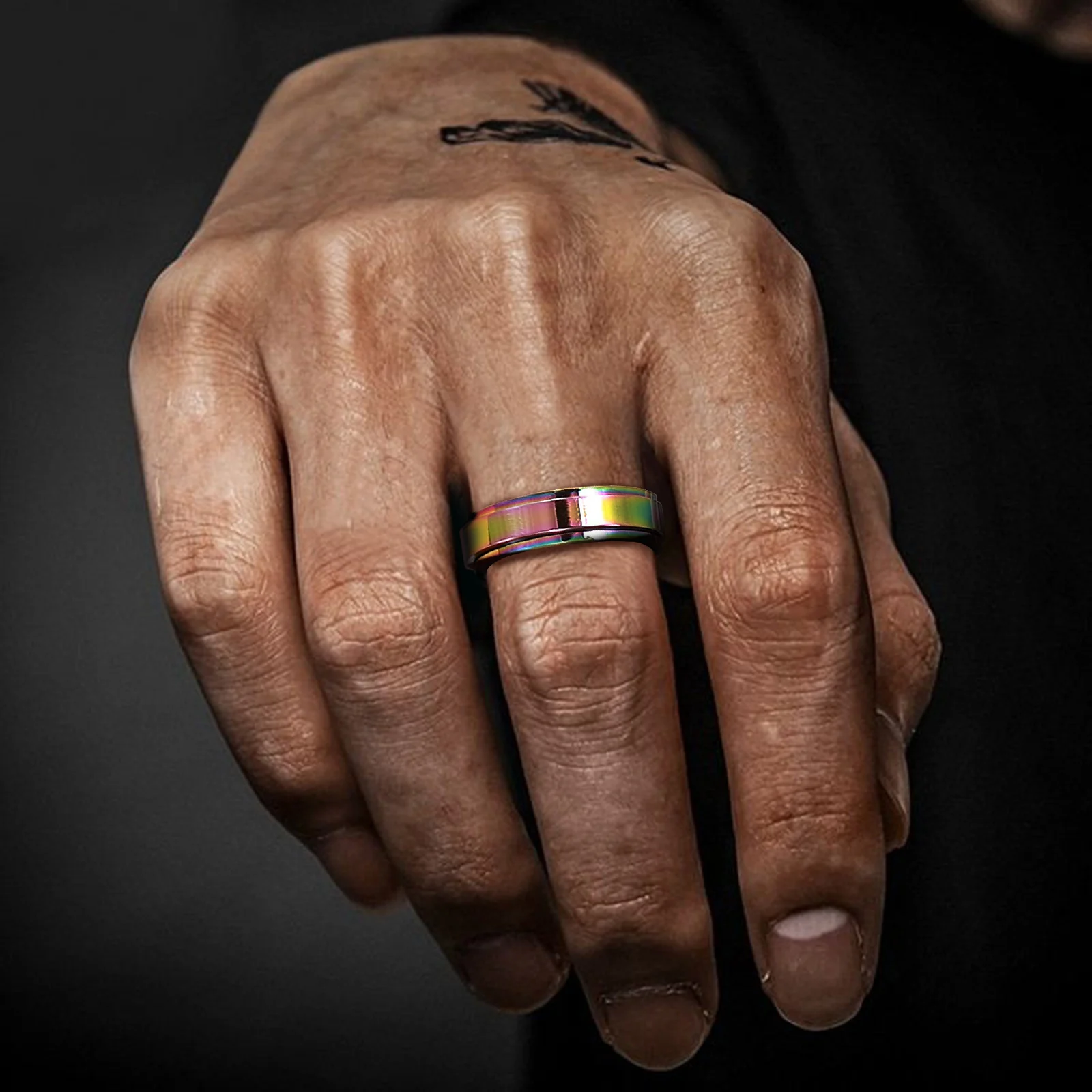 Vnox Unique Mens Spinner Rainbow Pride Wedding Promise Bands for Men Women, 6MM Stainless Steel Stress Relieving Anxiety Ring