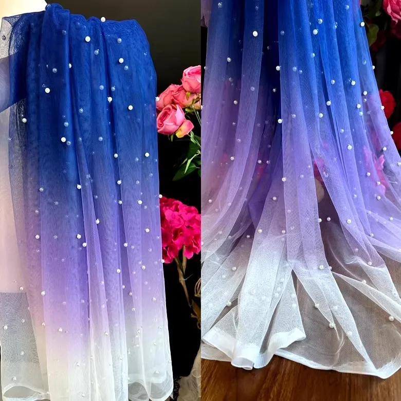 1yard price dark blue bead pearl net multicolor rainbow gradient fabric net gauze gradient dress fabric