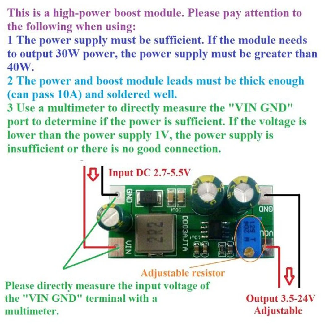 

For 18650 Lithium Battery DC-DC Boost Power Module 6A 30W DC 2.7V-5.5V to DC 3.5V24V Step-Up Converter Board