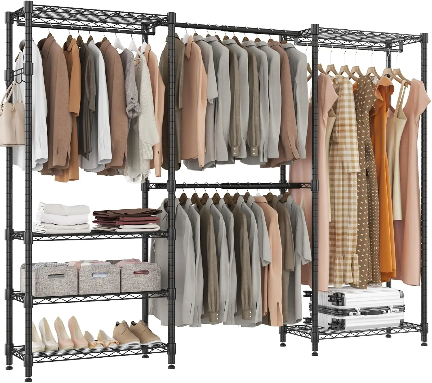 

Adjustable Heavy Duty Wardrobe Closet Organizer- 4 Hanging Rods, 6 Shelves, and 4 Hangers,70.9”H x (68.9”-90.2”)L x 14”D, Black