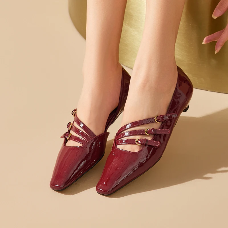 BEAUTODAY Pumps Women Patent Leather Pointed Toe Buckle Straps Shallow Mary Janes Summer Ladies Party Shoes Handmade 30096