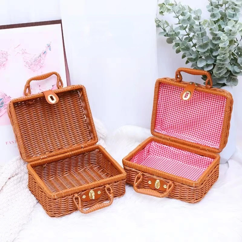 Retro PP Rattan Baskets Picnic Storage Basket Wicker Suitcase with Hand Gift Box Woven Cosmetic Storage Box Organization Storage