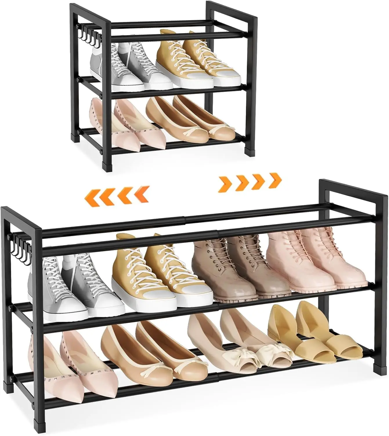 

Adjustable 18'-33' Expandable Shoe Rack for Closet 12 Pairs Small Spaces 3 Tier Shoe Organizer with 5