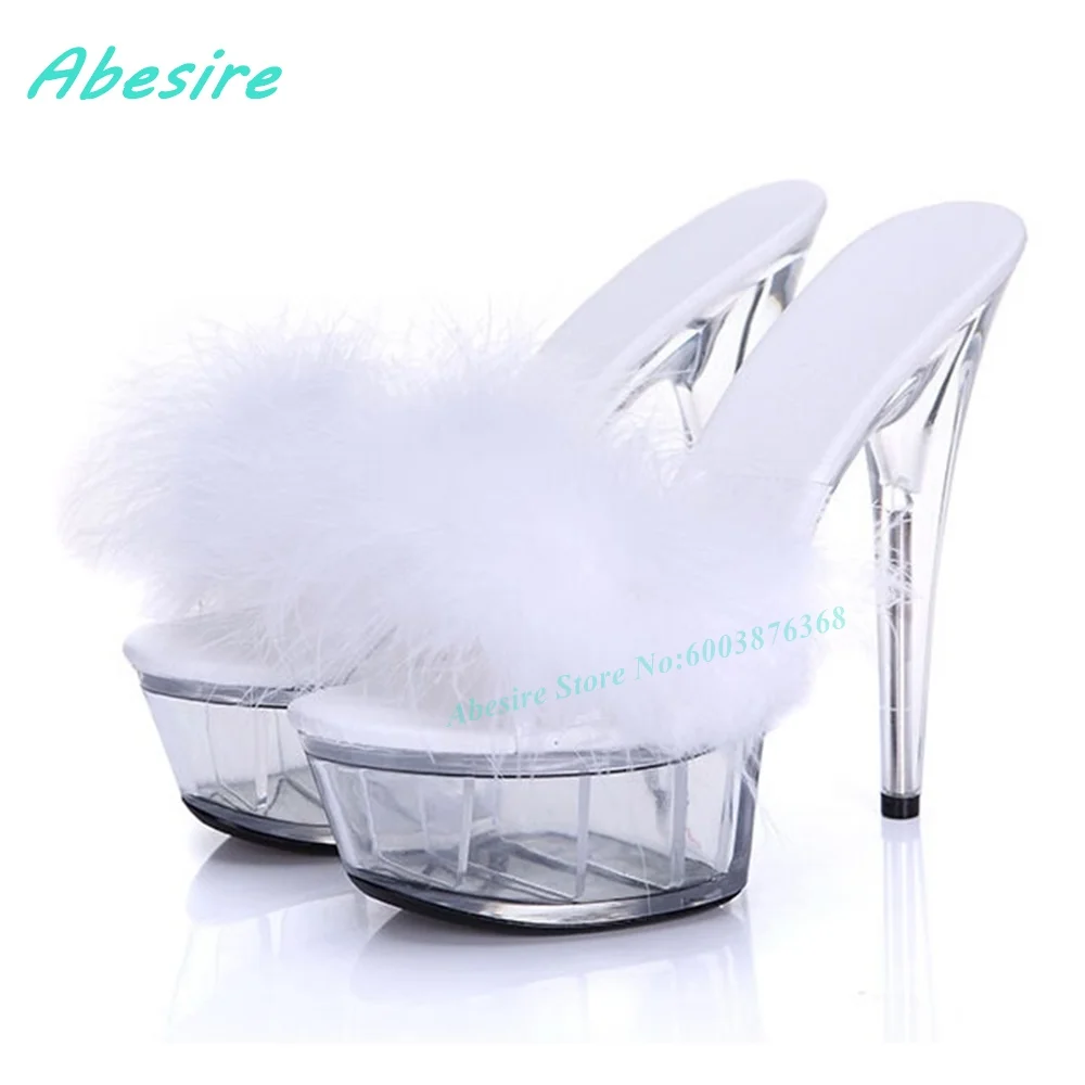 

15Cm Heel Fluffy Feather Clear Platform Slippers Open Toe Slip‑On Stiletto Heels Women's Slippers Sexy Party Fashion Show Shoes