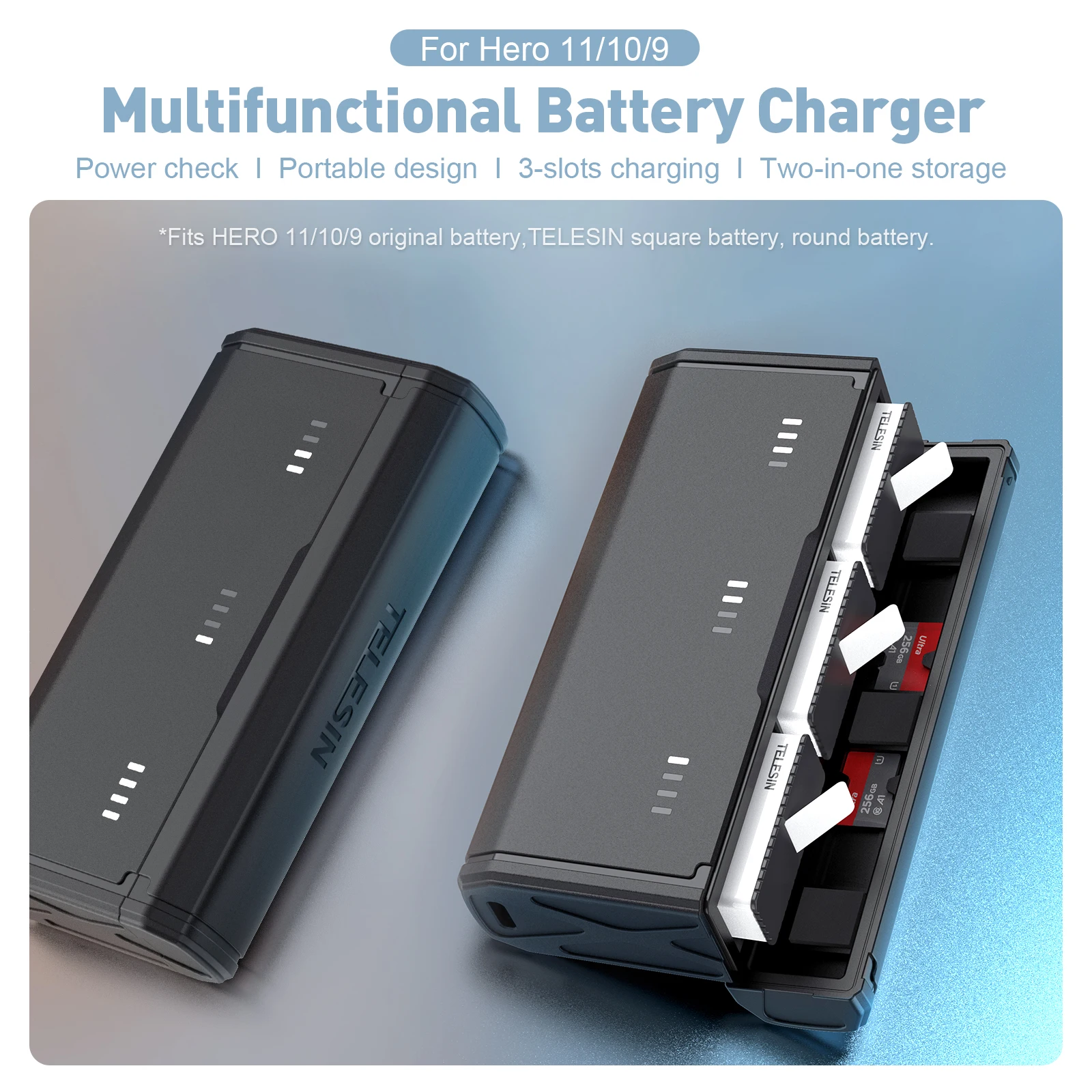 

TELESIN 3-Slot Portable Battery Charger & Storage Box – Compatible with GoPro Hero 9/10/11/12, with TF Card Slot