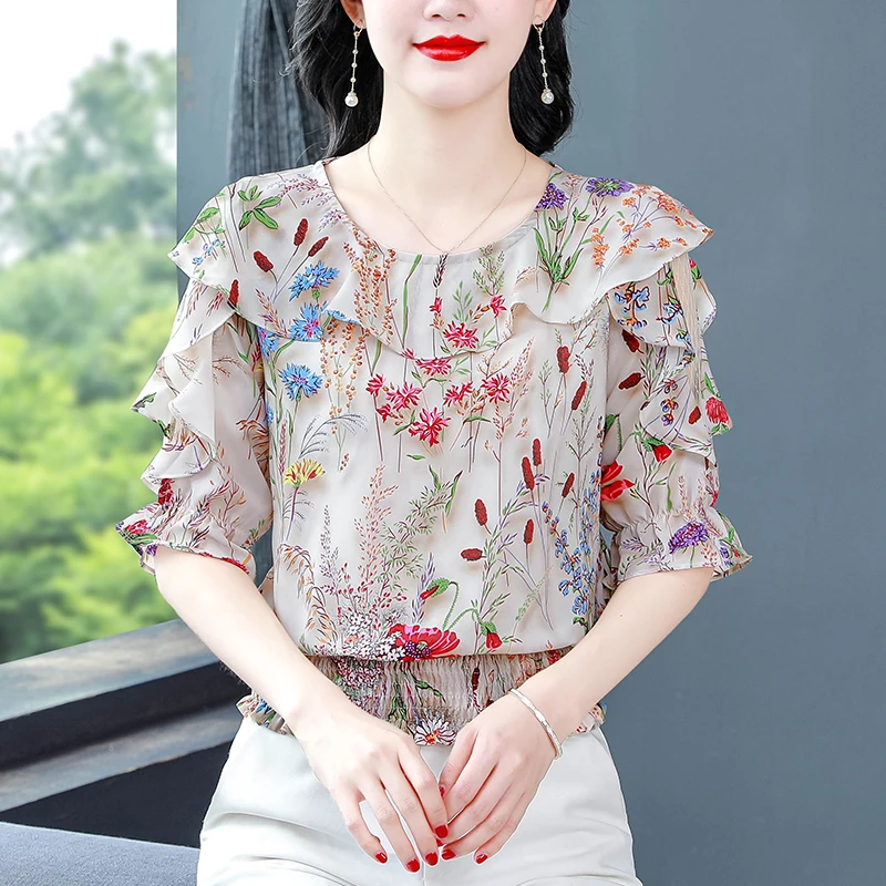 Korean Half Sleeve Ruffels Casual shirt Patchwork Floral Printed Tops 2024 New fashion Summer Women Chiffon Blouse