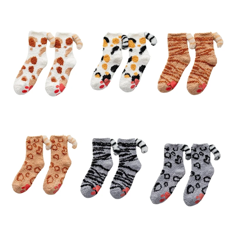 Women Winter for Cat Paw Fuzzy Slipper Socks with Grippers Cartoon 3D Kitten Plush Tail Anti-Skid Warm Floor Hosiery