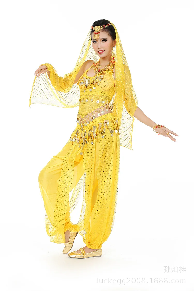 Ubrania do tańca brzucha, biżuteria, welon, top z wycięciem, z łańcuszkiem w talii, 3-częściowy zestaw spodni z wycięciem