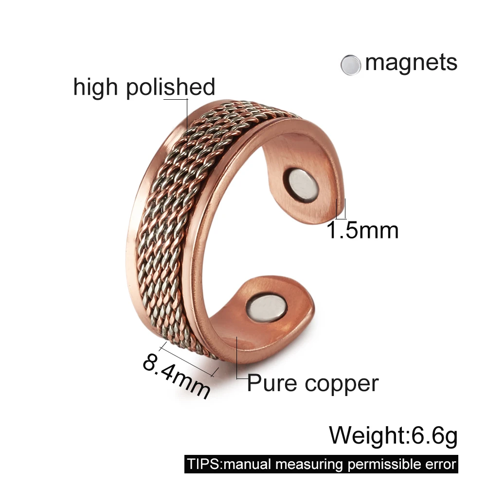 Vinterly Magnetringe aus reinem Kupfer, gedrehte Linien, breit, 8,4 mm, Gesundheits-Energie-Fingermanschette, verstellbarer Schmuck, hoher Magnet, größenverstellbar – Detail 2