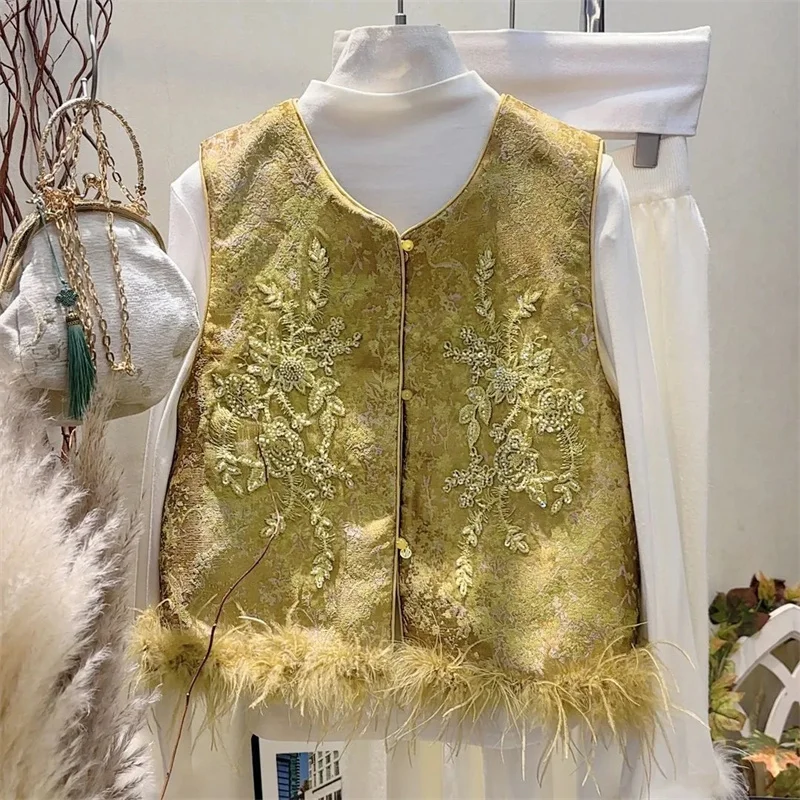 Women's Vest  Women's Jackets New Embroidered Vest Coat with Cotton in Spring and Autumn Season Joker  Hem Exquisite Vest Coat
