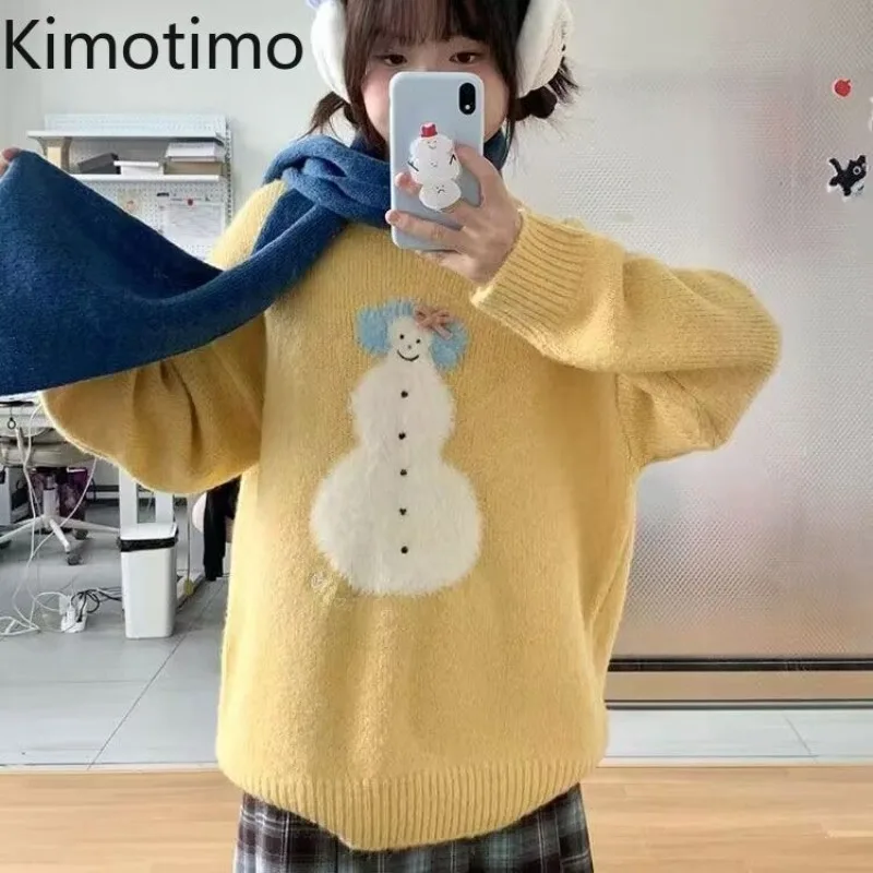 Kimotimo Yellow Snowman Jacquard Pullover Women Autumn Winter O Neck Loose Lazy Sweaters Japanese Sweet All Match Knitted Jumper