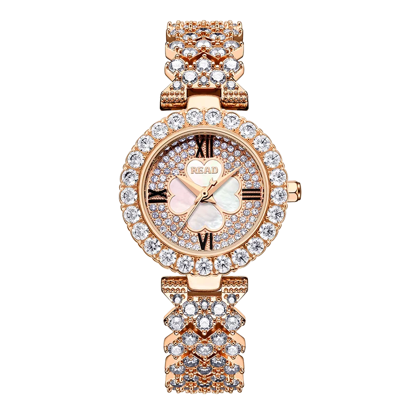 READ Women Quartz Wrist Watch | Clover Shell Dial | Rose‑Tone Paved Brass Bracelet | Daily Water Resistant Ladies Dress Watch