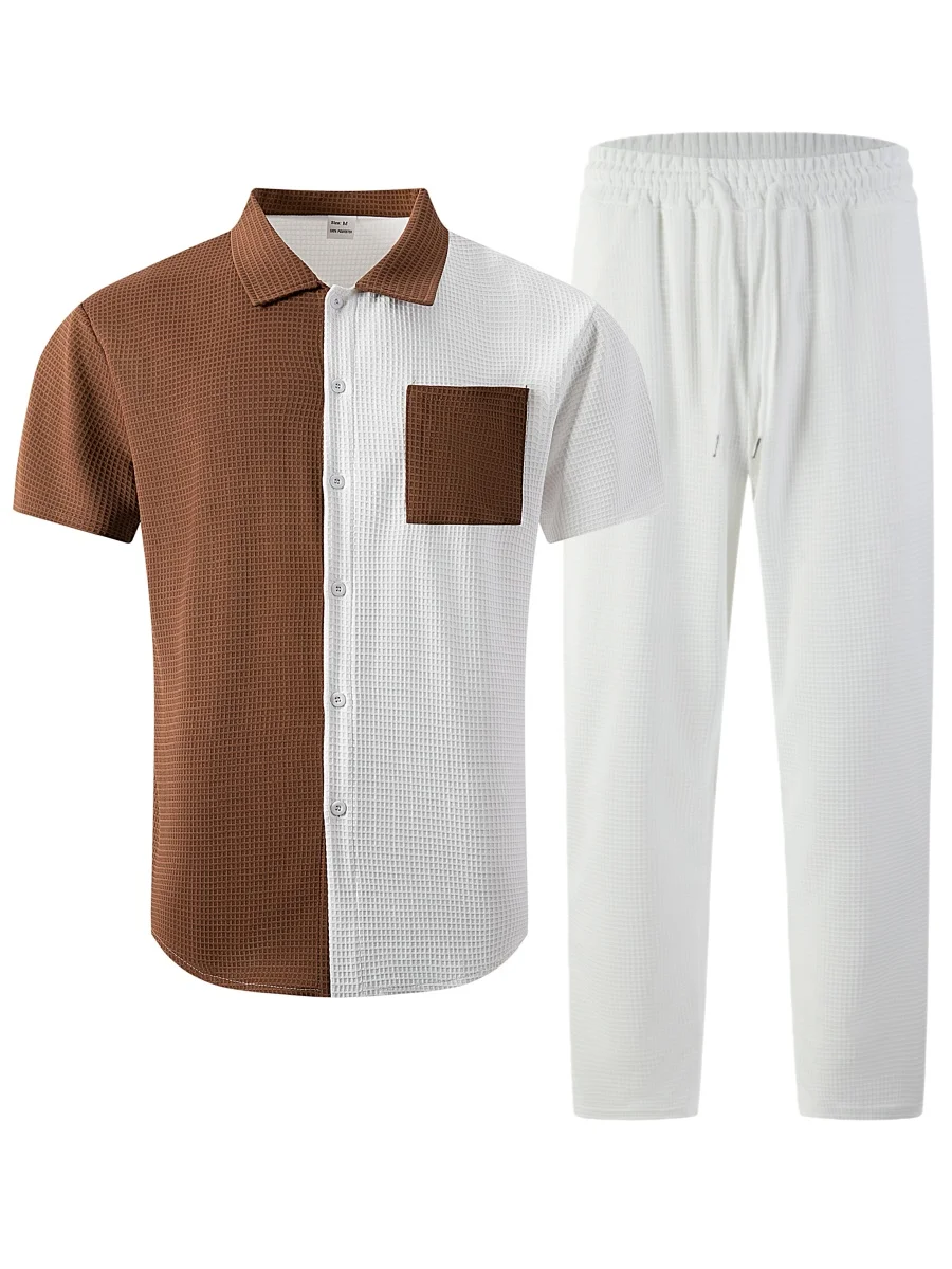 Men's Summer Color Block Patchwork Short Sleeve Shirt & Drawstring Long Pants Set for Daily Casual and Outdoor Travel Outfits