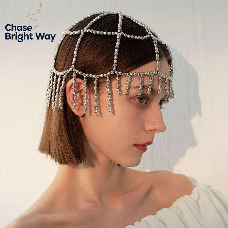 Handmade Pearl Tassel Hair Chain Mesh Bridal Headwear Fashion Women Hair Accessories