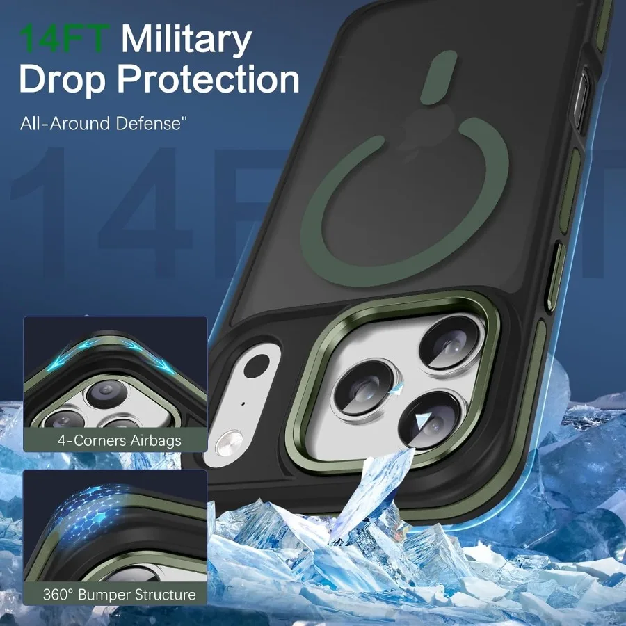 Custodia magnetica opaca verde scuro/nera per iPhone 17 Pro Max 2025 con compatibilità Magsafe e protezione di livello militare