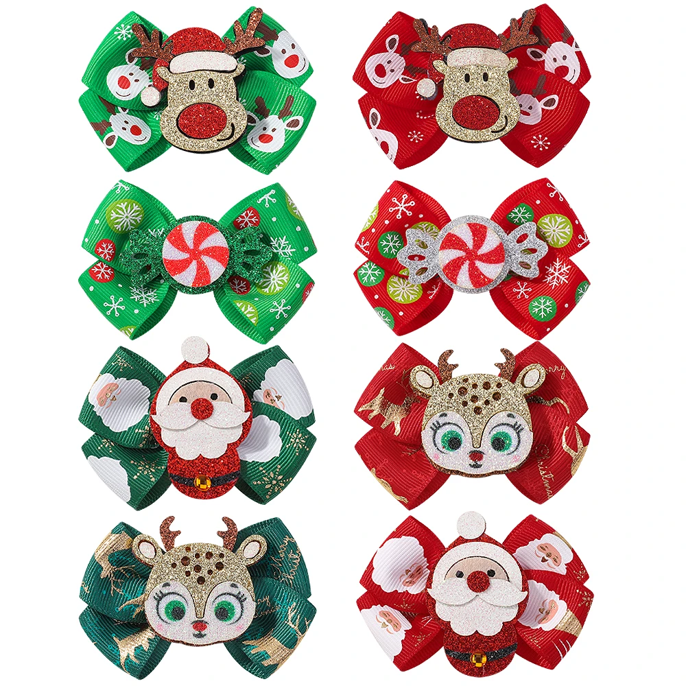 

4pcs/set New Christmas New Year Hair Bow Clips for Baby Girls Glitter X'mas Santa Elk Hairpin Cute Kid Hair Accessories Headwear