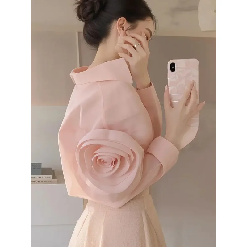 

2025 New Shirt for Women Spring French Temperament Solid Color Versatile Pink Top