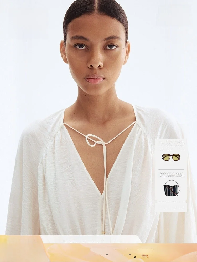 

H&M Summer Women's Shirt Pleated Loose Fit Long Sleeve V-Neck Casual Style Regular Length Lantern Sleeve Pure Color