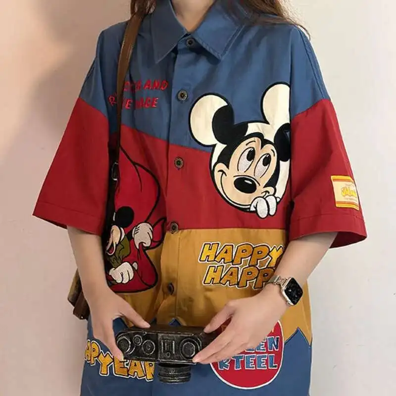 

Disney Summer American Style Retro Cartoon Embroidered Mickey Short Sleeve Shirt For Women Fashion Personalized High Street Top