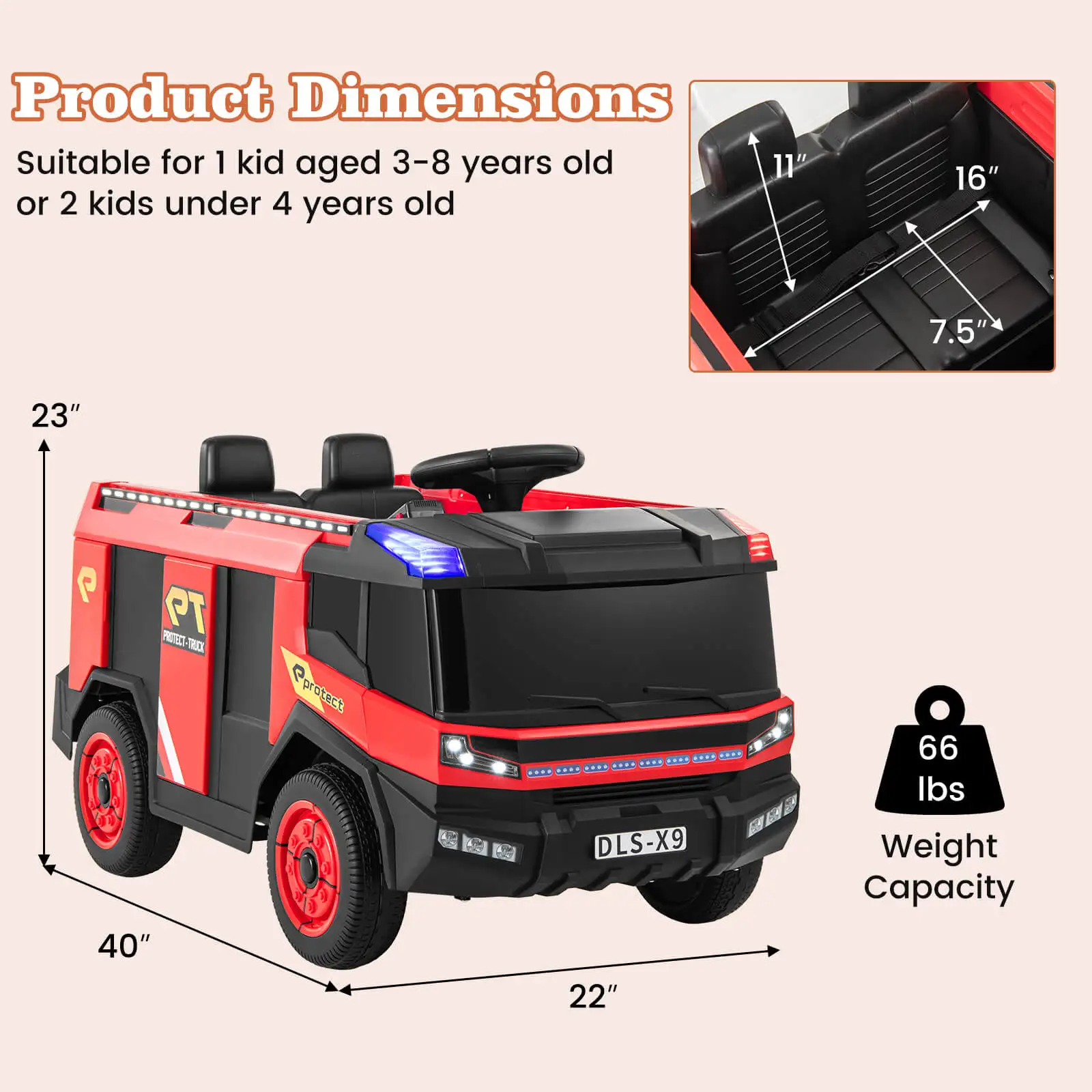 2-Sitzer Kinder fahren auf Feuerwehr auto mit Fernbedienung Wasser pistole Feuerlöscher Schaufel