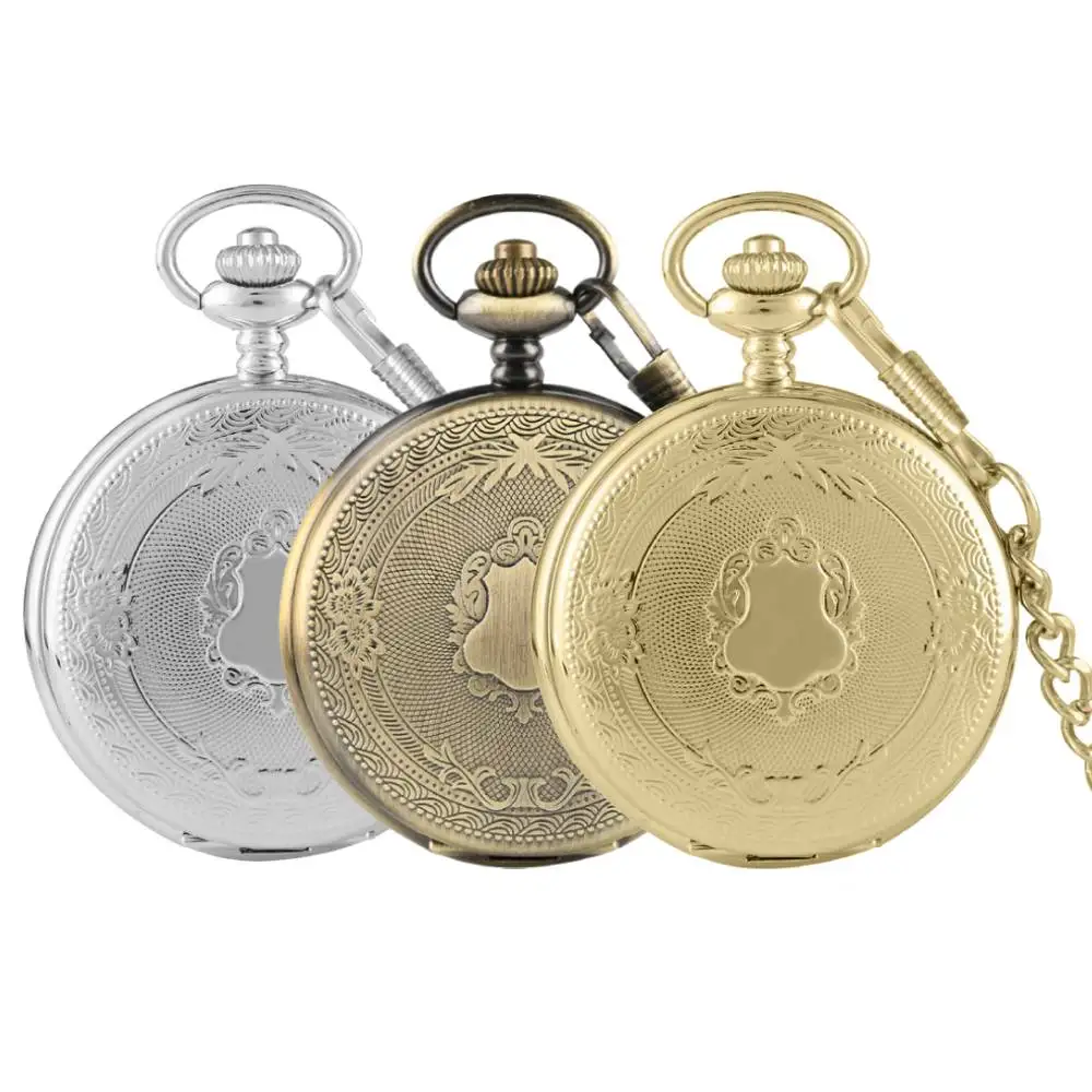 3pcs/Lot Vintage Shield Pattern Quartz Pocket Watch Roman Numerals Dial Pocket Chain Pendant Timepiece Gift Men Women